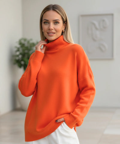 Comprar suéter feminino gola alta oversized fenda lateral manga longa tricot viscose em promoção ZARA