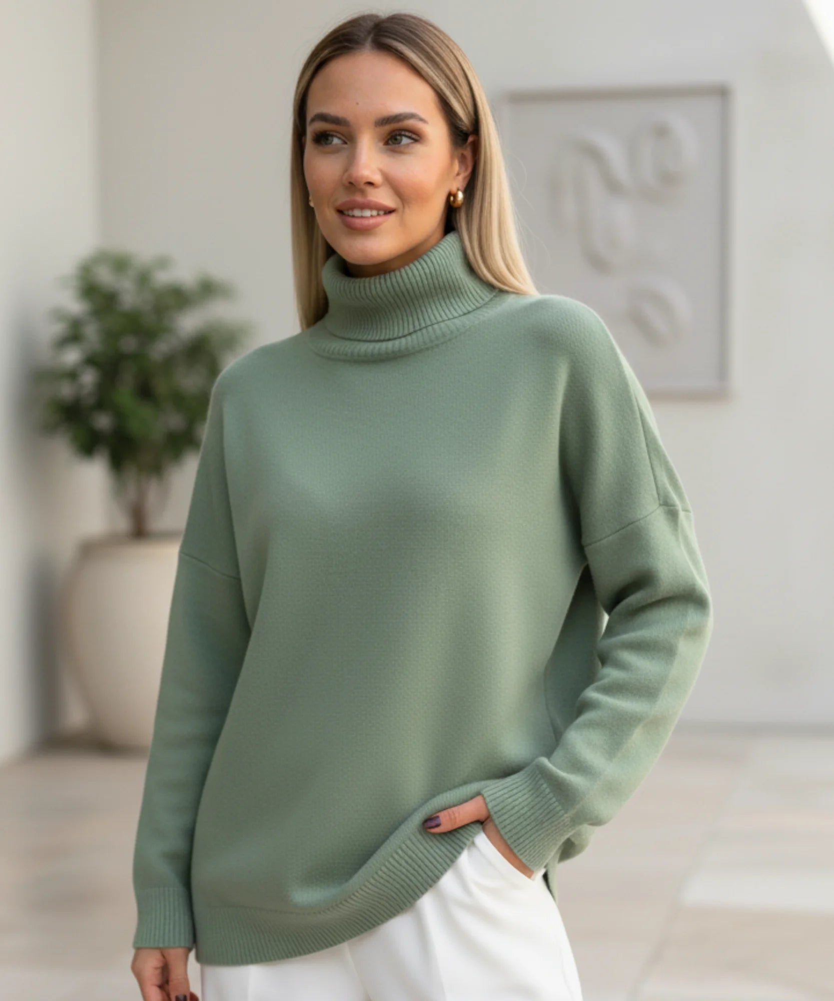 Comprar suéter feminino gola alta oversized fenda lateral manga longa tricot viscose em promoção ZARA