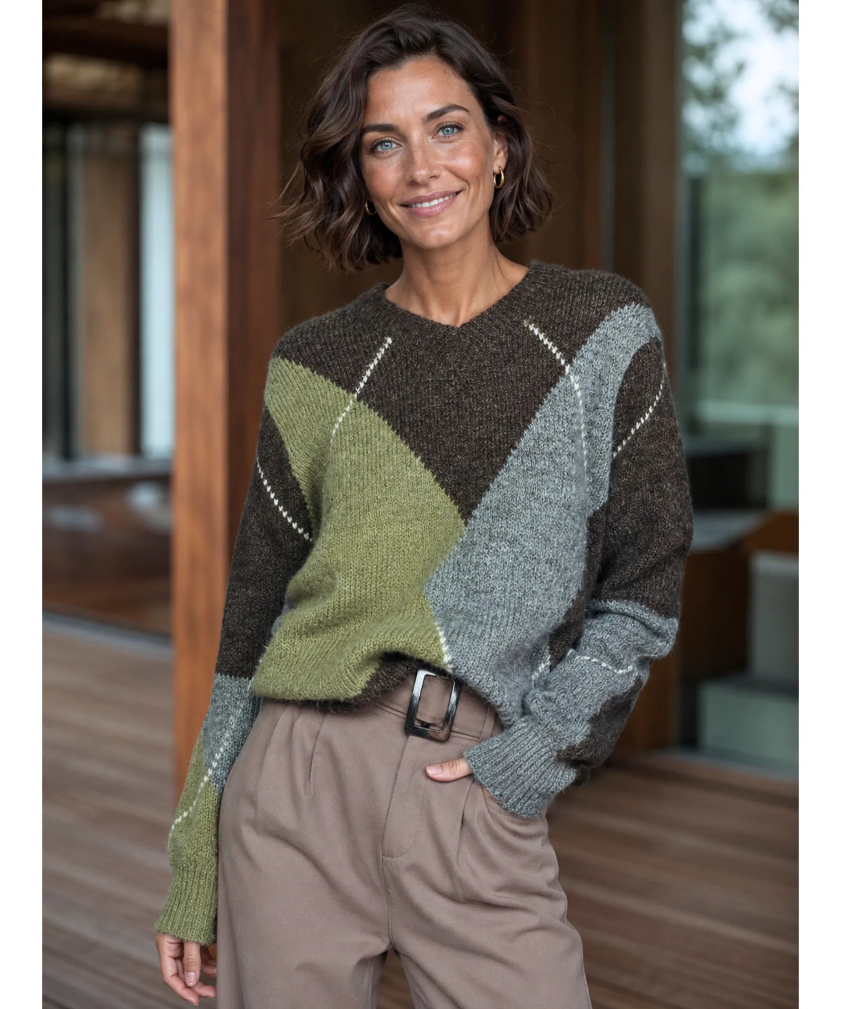 Comprar Suéter Feminino Gola V Estampa Losangos Tricot outono inverno barato e em promoção ANELLIMN
