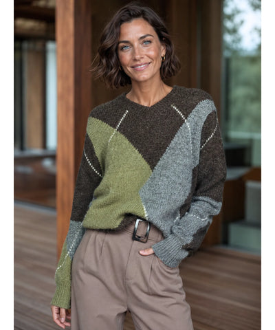 Comprar Suéter Feminino Gola V Estampa Losangos Tricot outono inverno barato e em promoção ANELLIMN