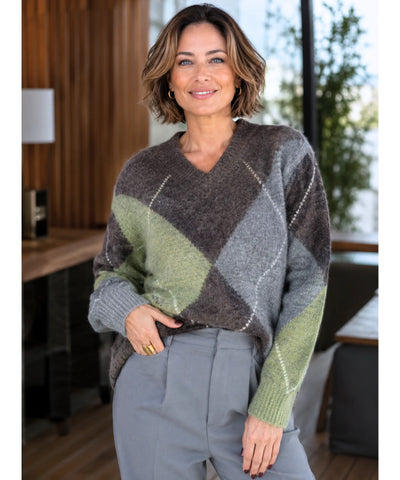 Comprar Suéter Feminino Gola V Estampa Losangos Tricot outono inverno barato e em promoção ANELLIMN