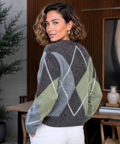 Comprar Suéter Feminino Gola V Estampa Losangos Tricot outono inverno barato e em promoção ANELLIMN