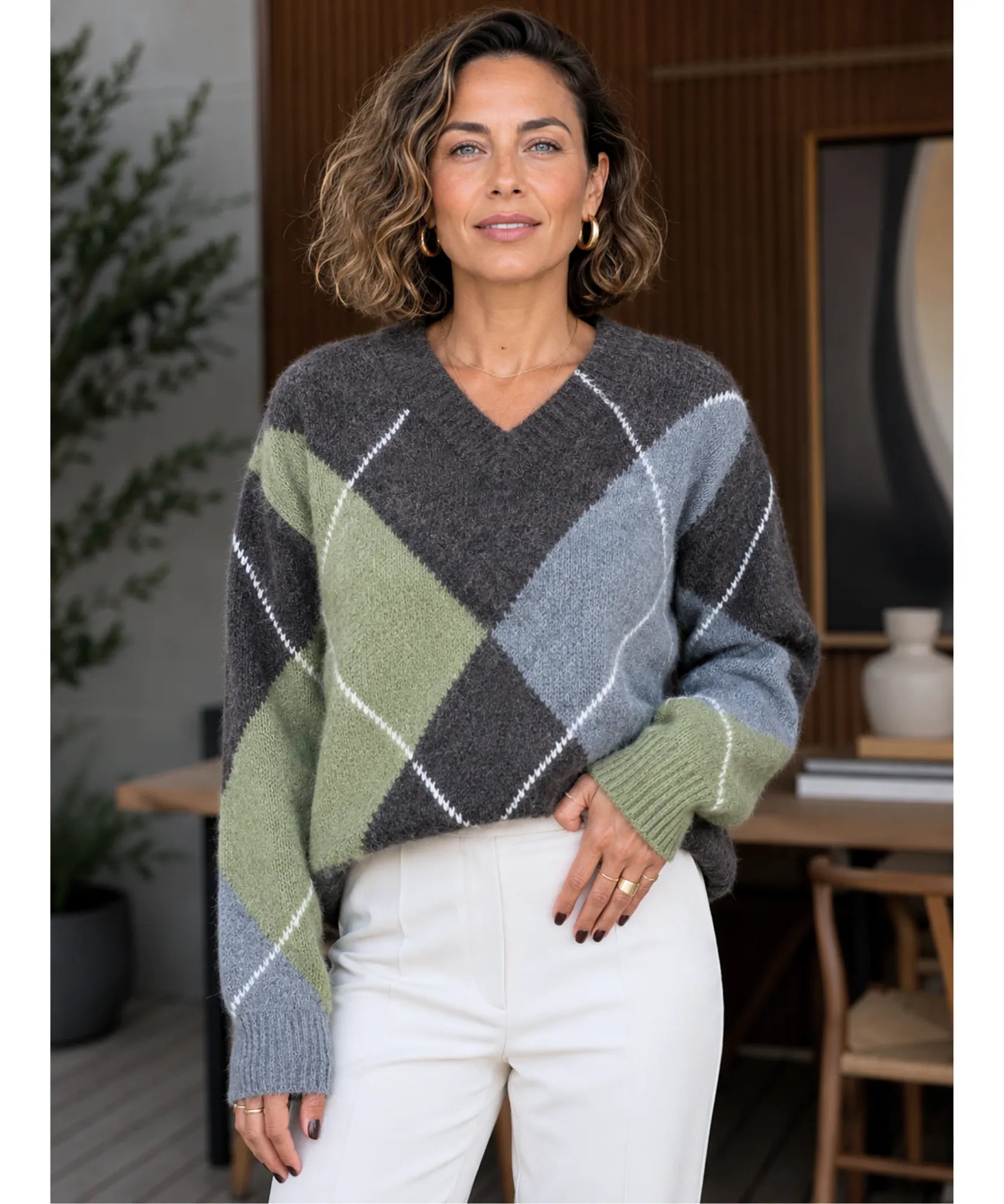 Comprar Suéter Feminino Gola V Estampa Losangos Tricot outono inverno barato e em promoção ANELLIMN