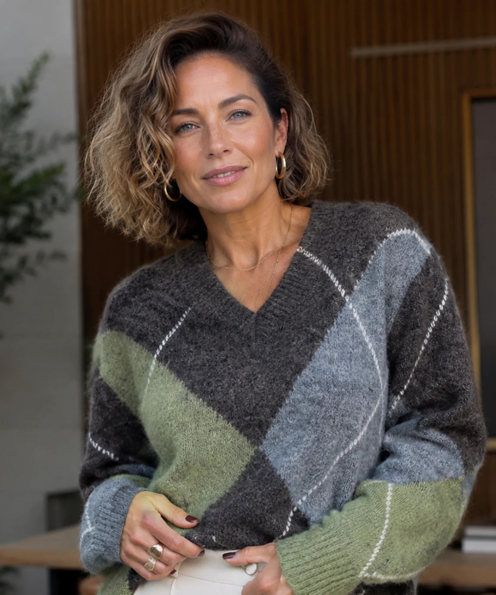 Comprar Suéter Feminino Gola V Estampa Losangos Tricot outono inverno barato e em promoção ANELLIMN