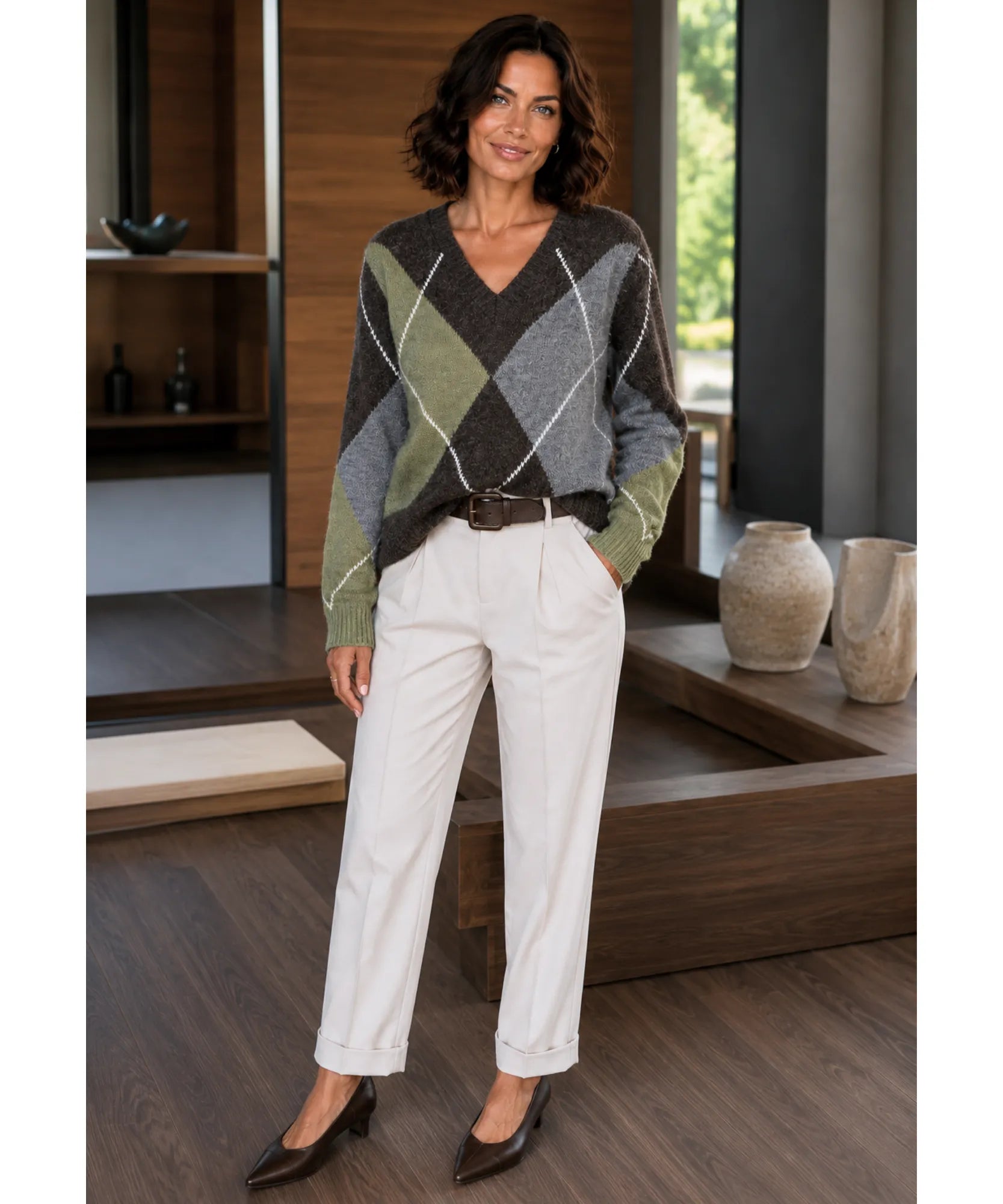 Comprar Suéter Feminino Gola V Estampa Losangos Tricot outono inverno barato e em promoção ANELLIMN