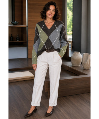 Comprar Suéter Feminino Gola V Estampa Losangos Tricot outono inverno barato e em promoção ANELLIMN