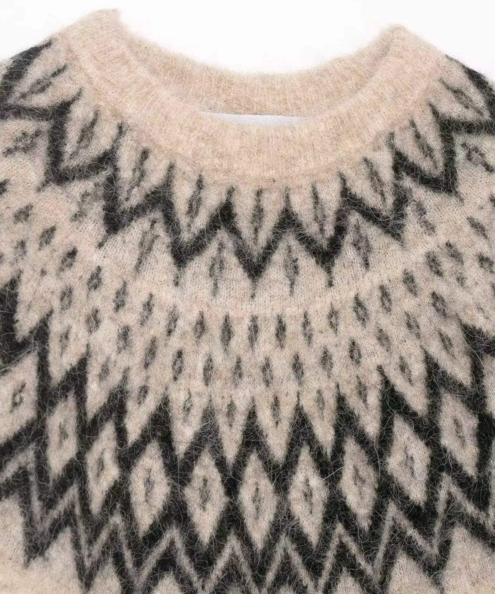 Comprar suéter feminino tricot oversized manga longa estampa nórdica fio efeito mohair inverno barato promoção Anellimn