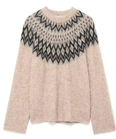 Comprar suéter feminino tricot oversized manga longa estampa nórdica fio efeito mohair inverno barato promoção Anellimn