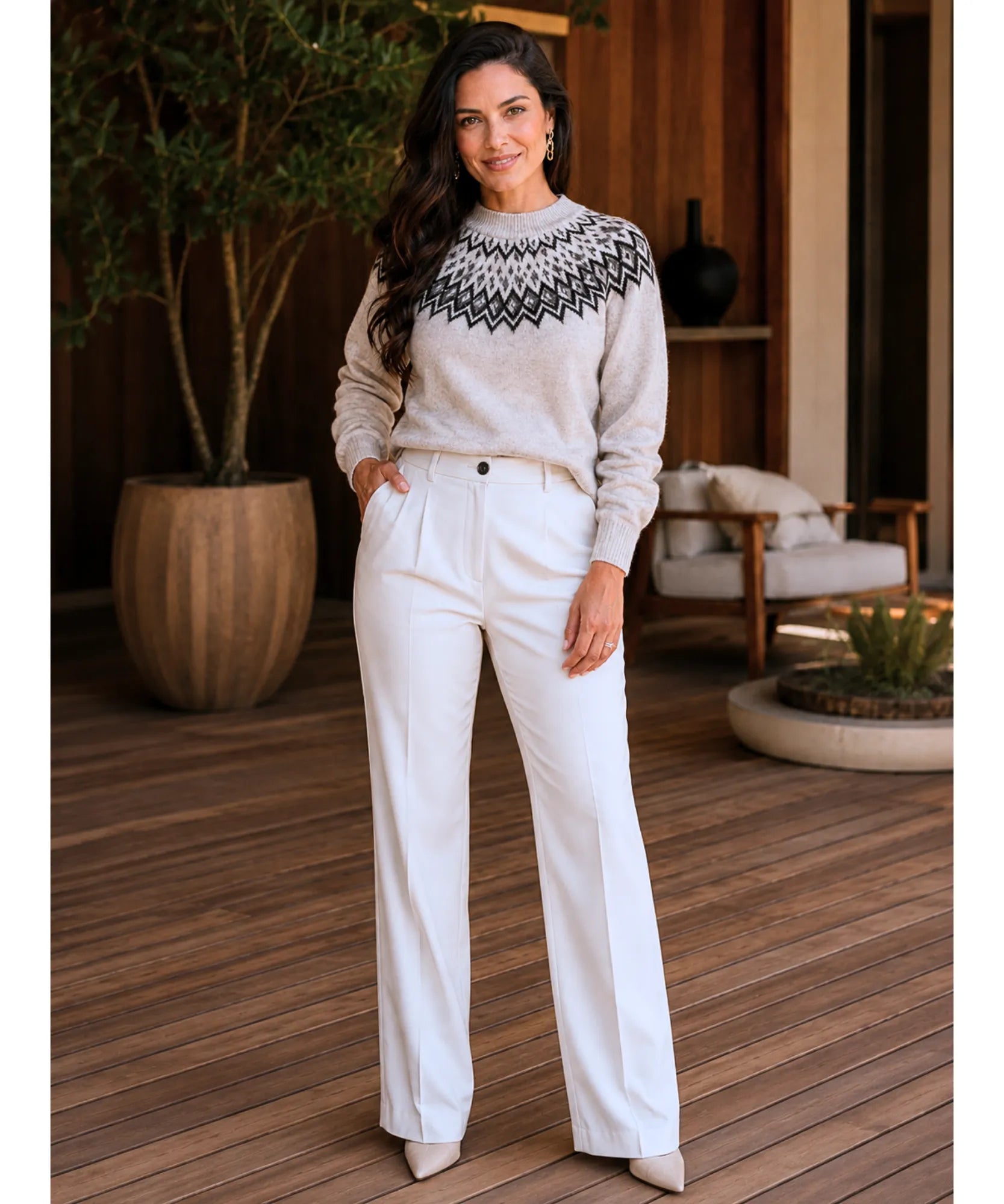 Comprar suéter feminino tricot oversized manga longa estampa nórdica fio efeito mohair inverno barato promoção Anellimn