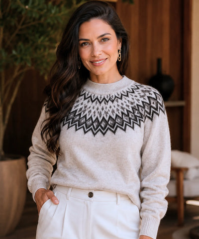 Comprar suéter feminino tricot oversized manga longa estampa nórdica fio efeito mohair inverno barato promoção Anellimn