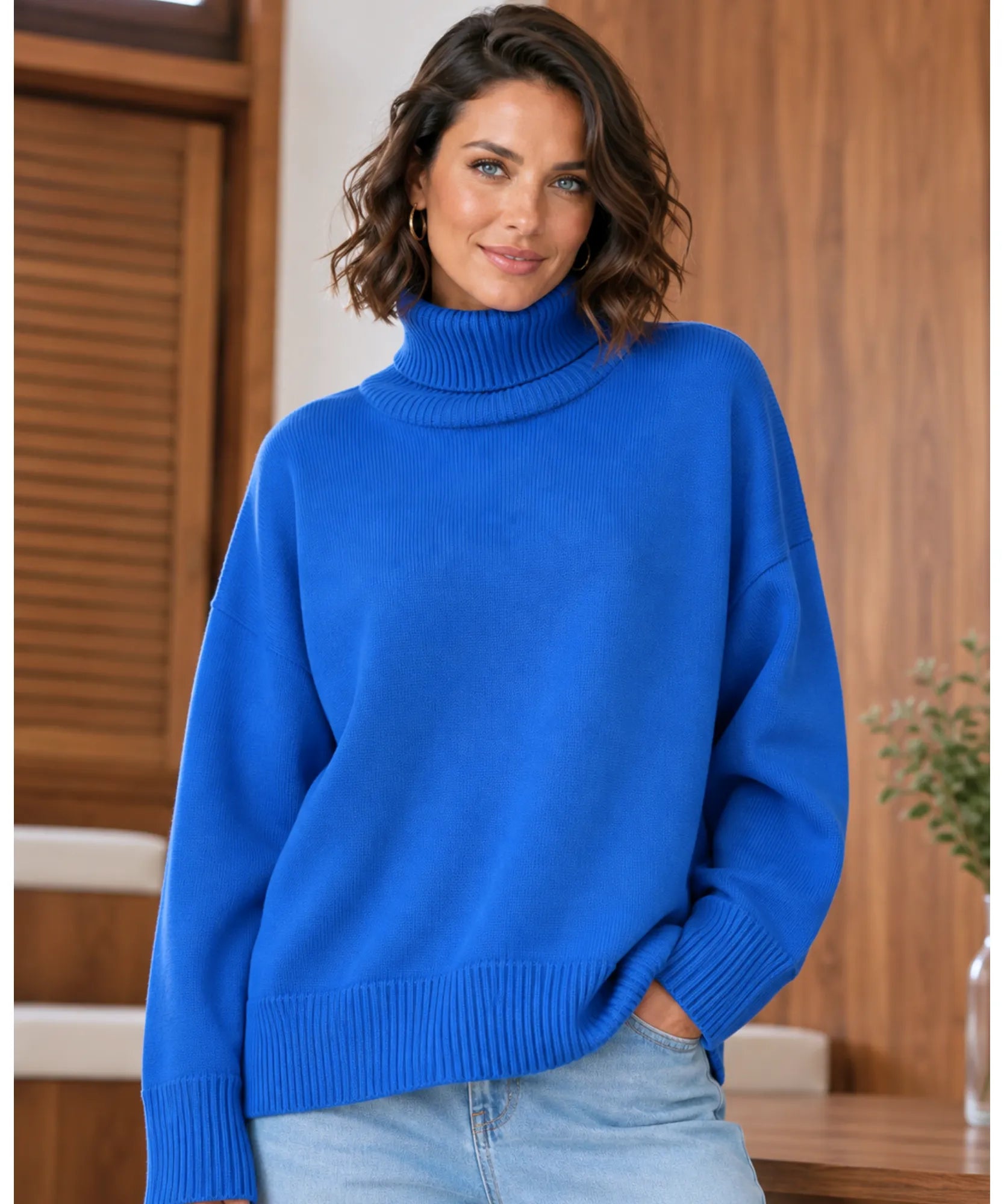 Suéter feminino tricot oversized gola alta azul royal usado com calça jeans
