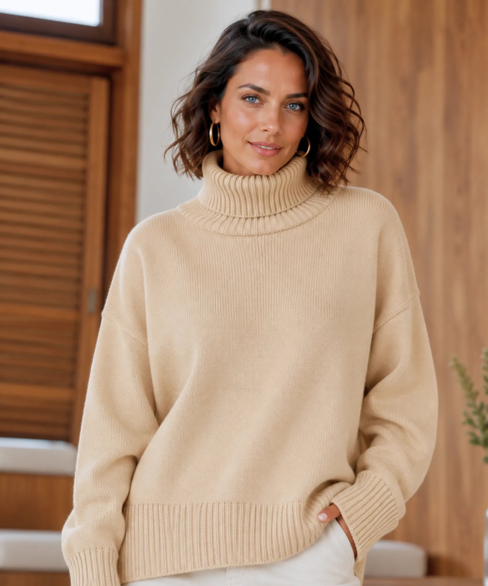 Suéter feminino tricot oversized gola alta bege em modelo de frente