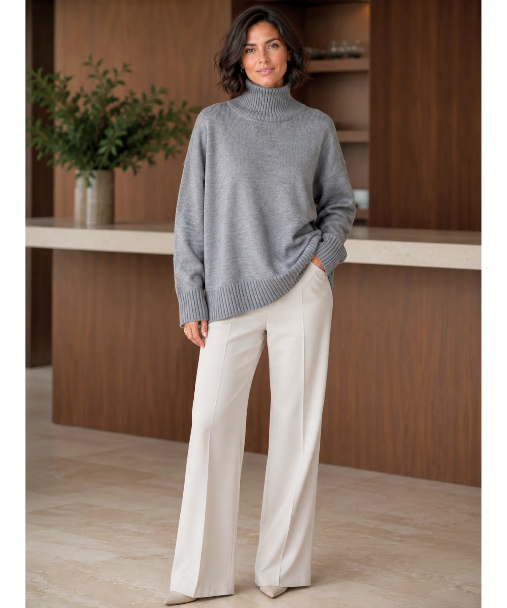 Suéter feminino tricot oversized gola alta cinza em look completo dos pés à cabeça