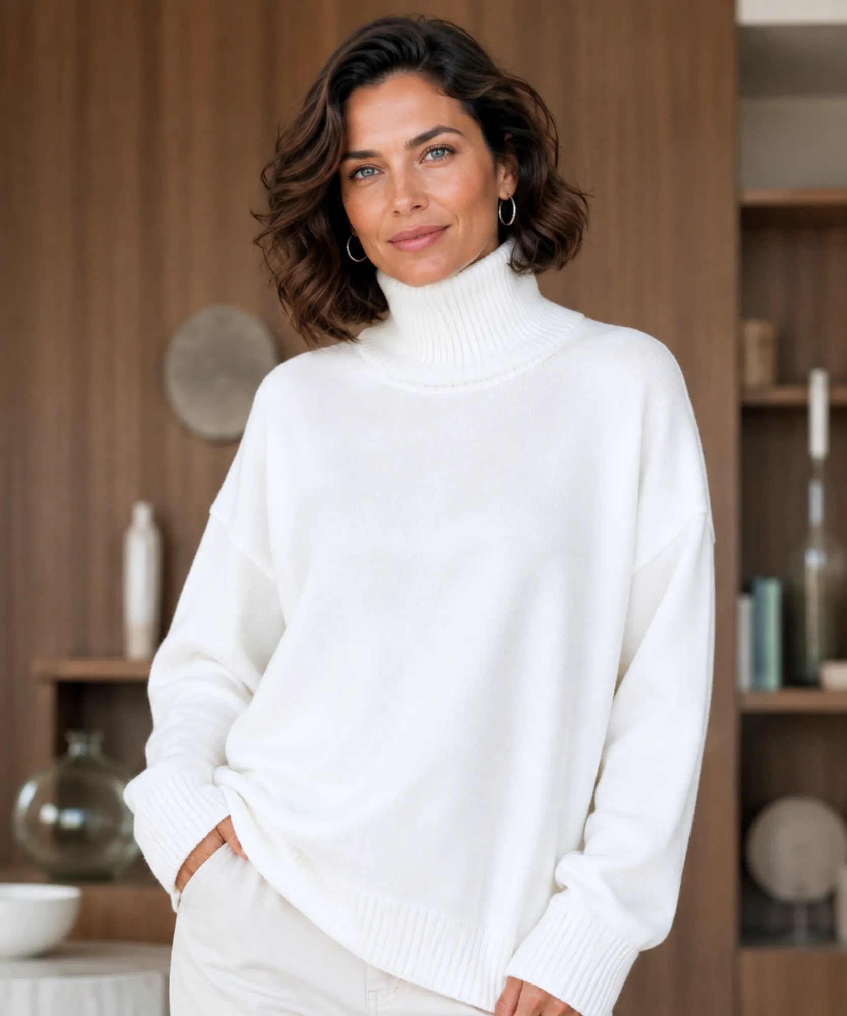 Suéter feminino tricot oversized gola alta off white usado com calça bege