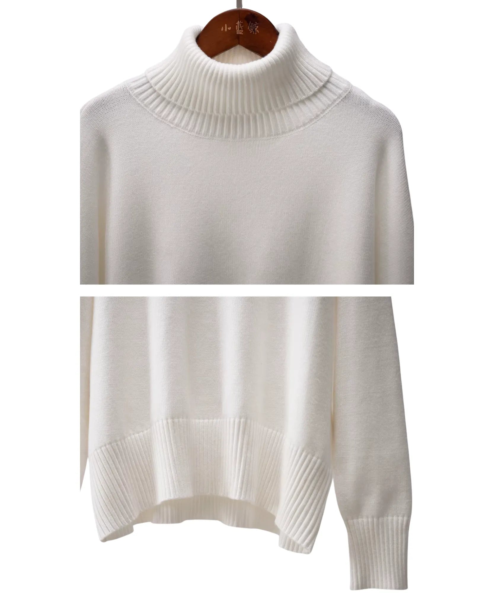 Suéter feminino tricot gola alta off white fotografado no cabide e deitado