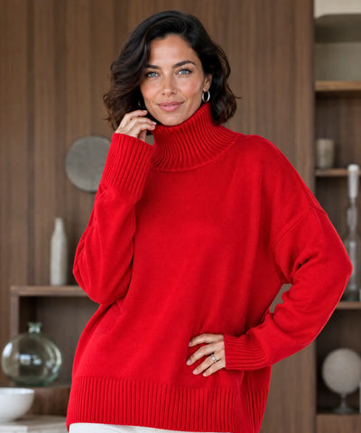 Suéter feminino tricot gola alta vermelho em close da gola alta canelada