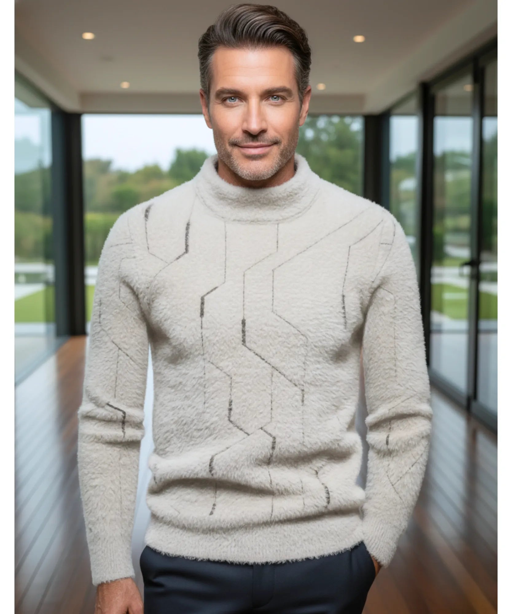 Comprar suéter masculino gola alta padrão geométrico premium conforto elegante social casual barato promoção ZARA