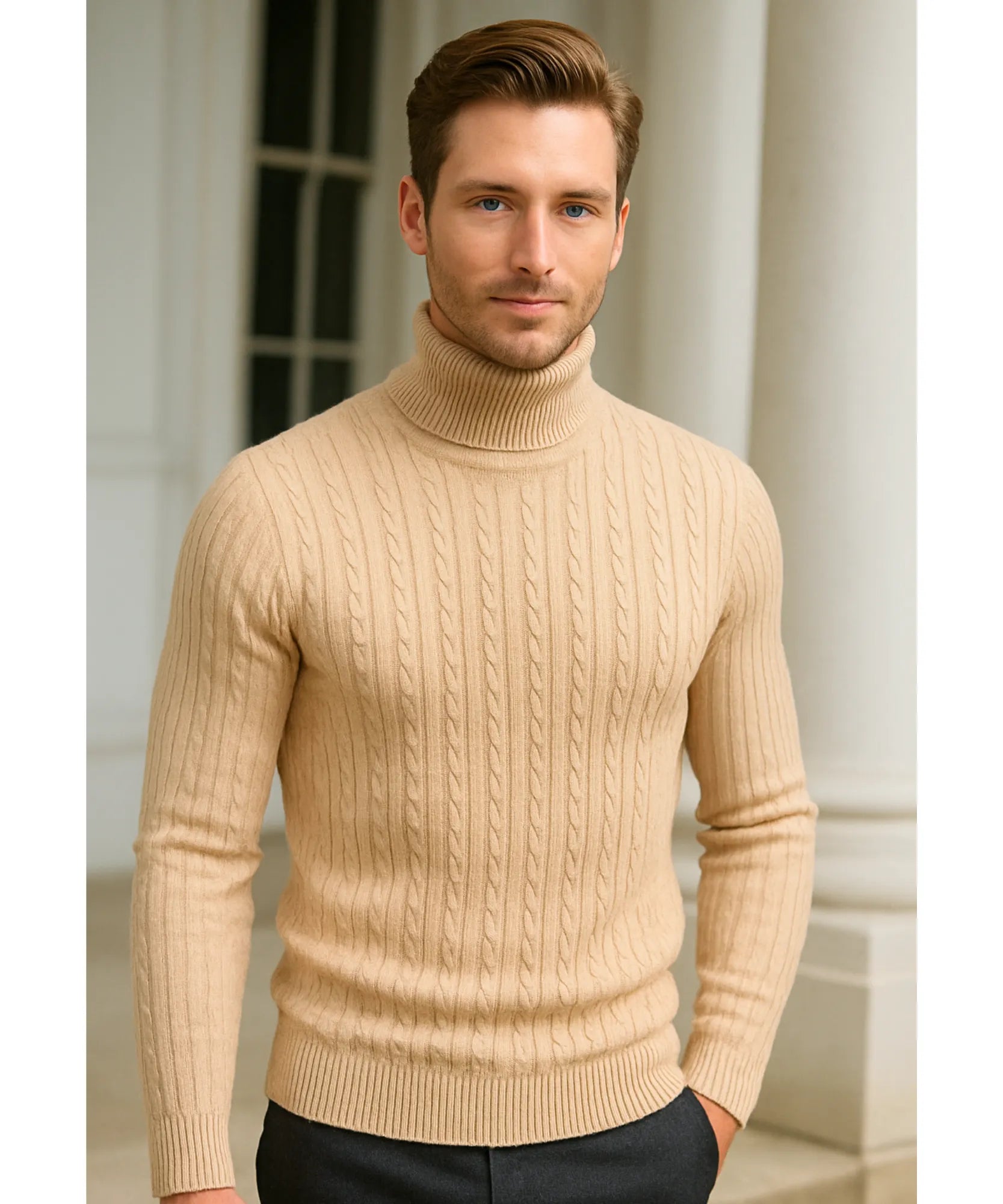 Comprar blusa masculina gola alta tricot bege inverno elegante moderno premium barato em promoção ZARA

