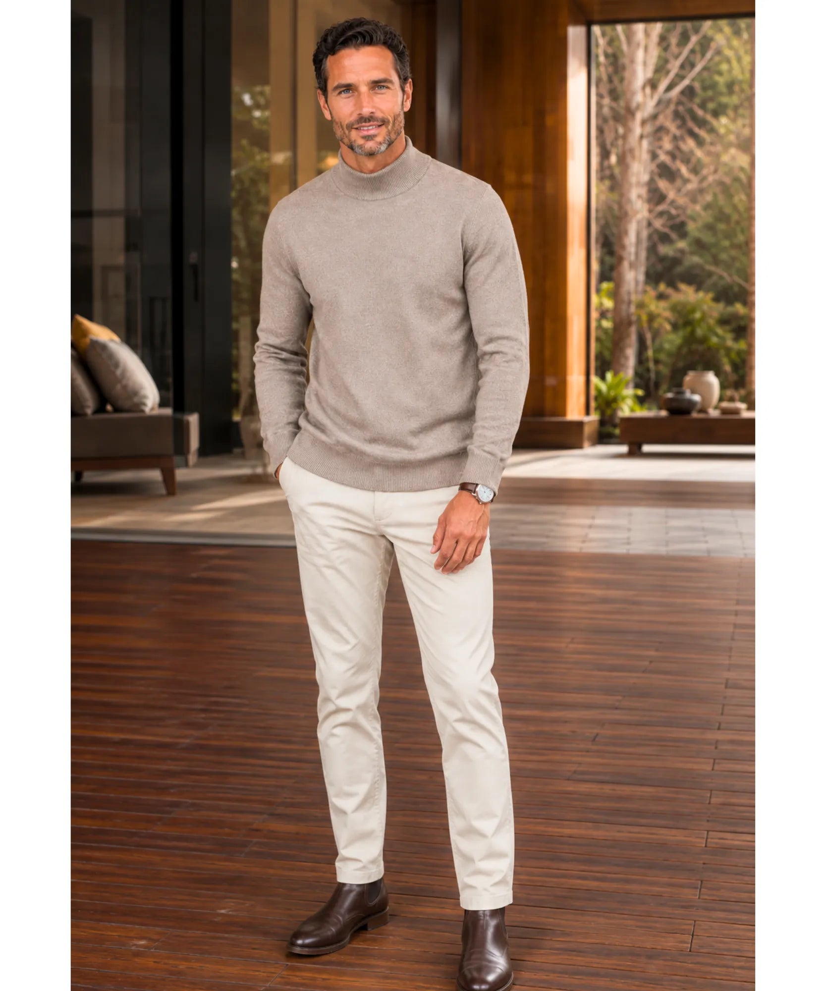 Comprar suéter masculino gola média tricot bege barato Anellimn
