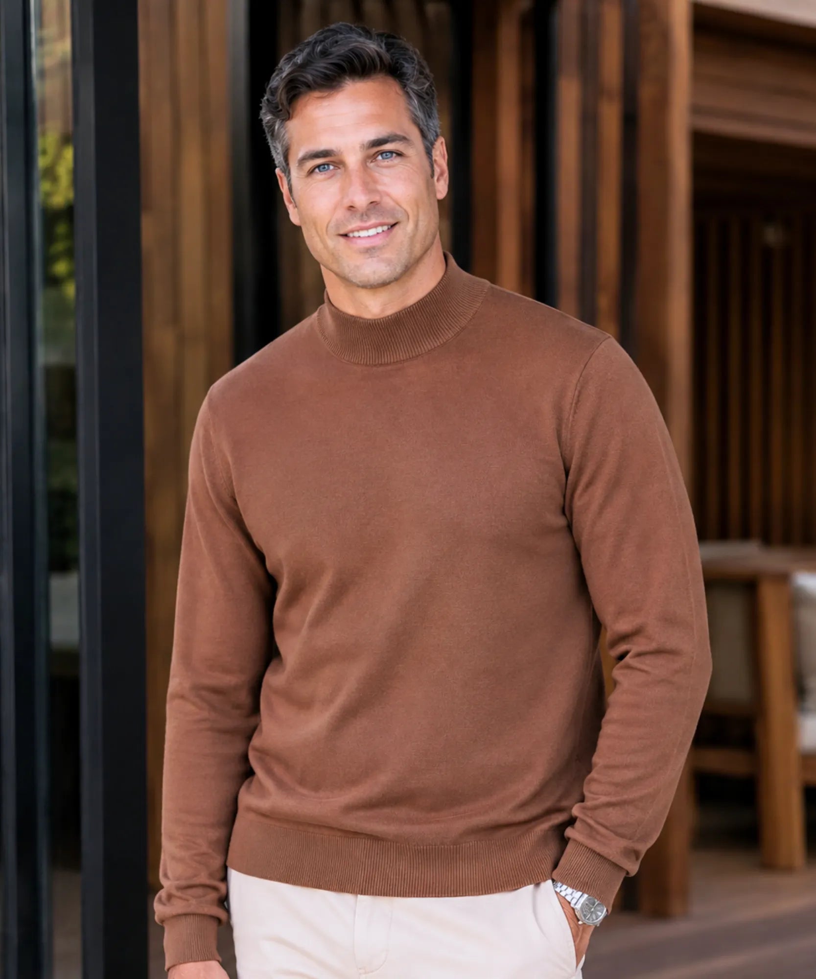 Comprar suéter masculino gola média tricot caramelo barato Anellimn