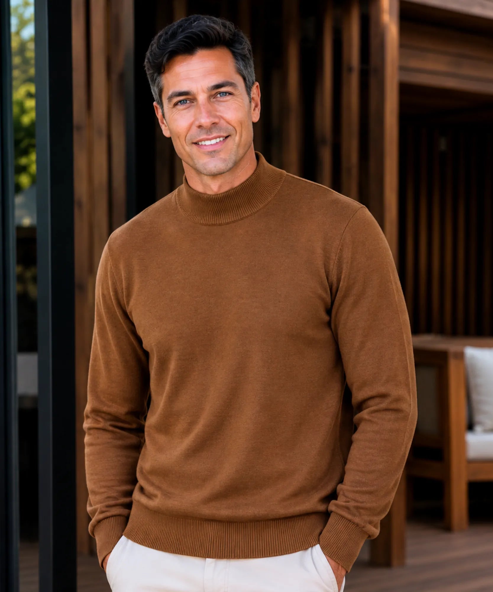 Comprar suéter masculino gola média tricot caramelo em promoção Anellimn