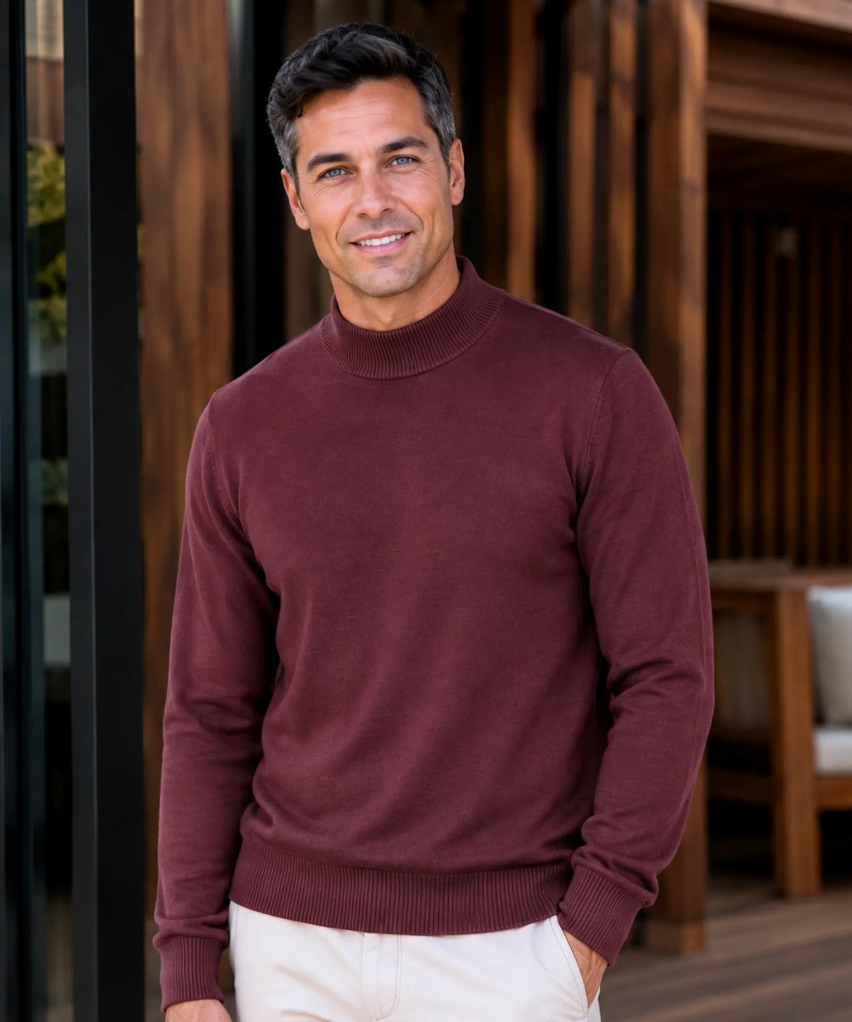 Comprar suéter masculino gola média tricot vinho barato Anellimn