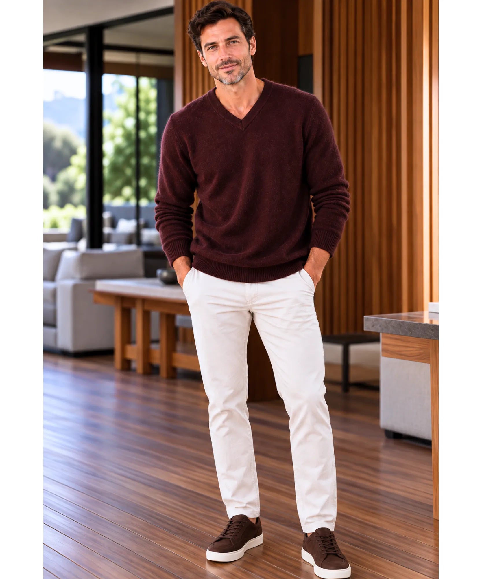 Comprar suéter masculino gola v tricô macio vinho barato Anellimn