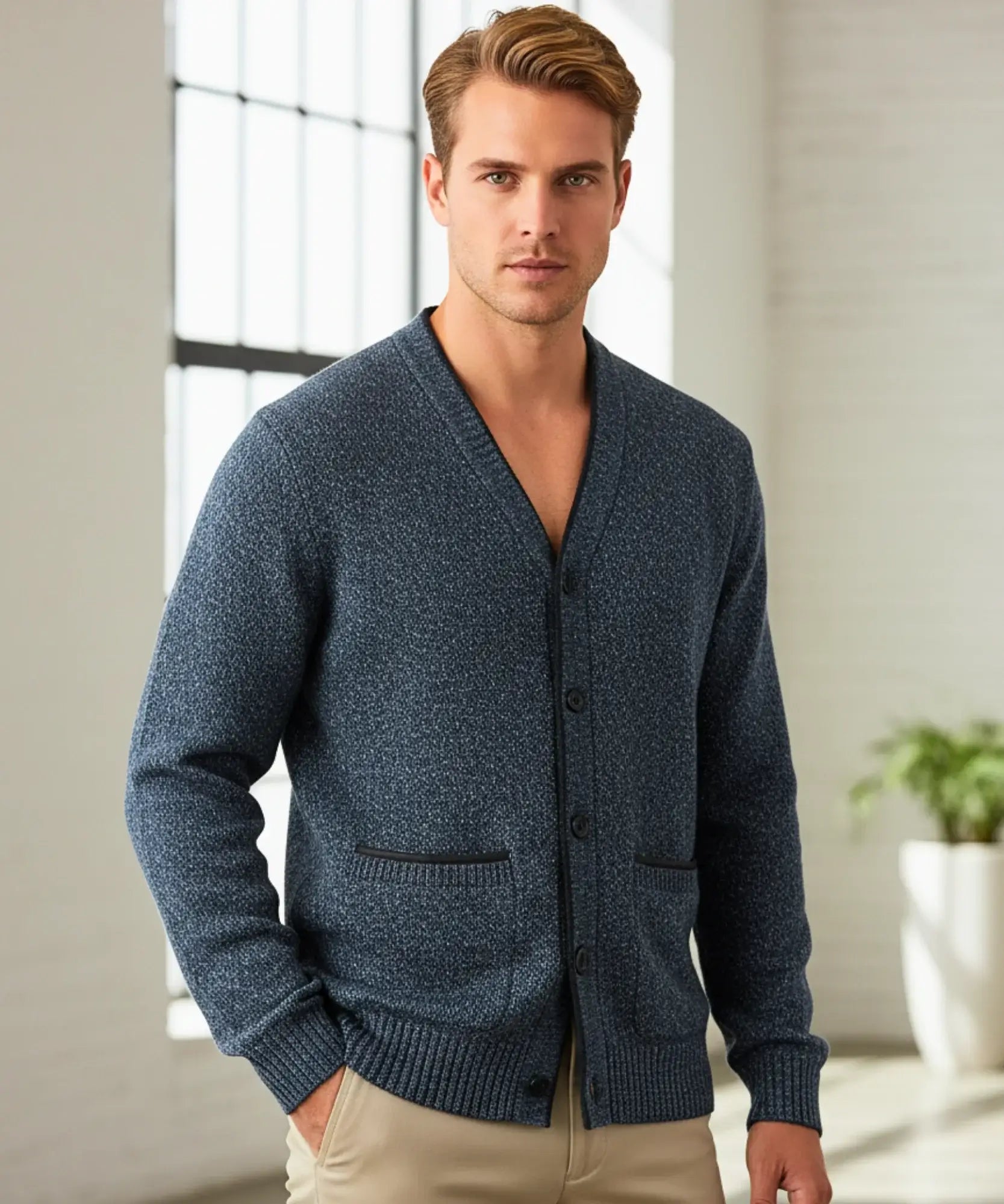 Comprar suéter masculino tricot botões forro xadrez confortável elegante inverno casual barato ou em promoção