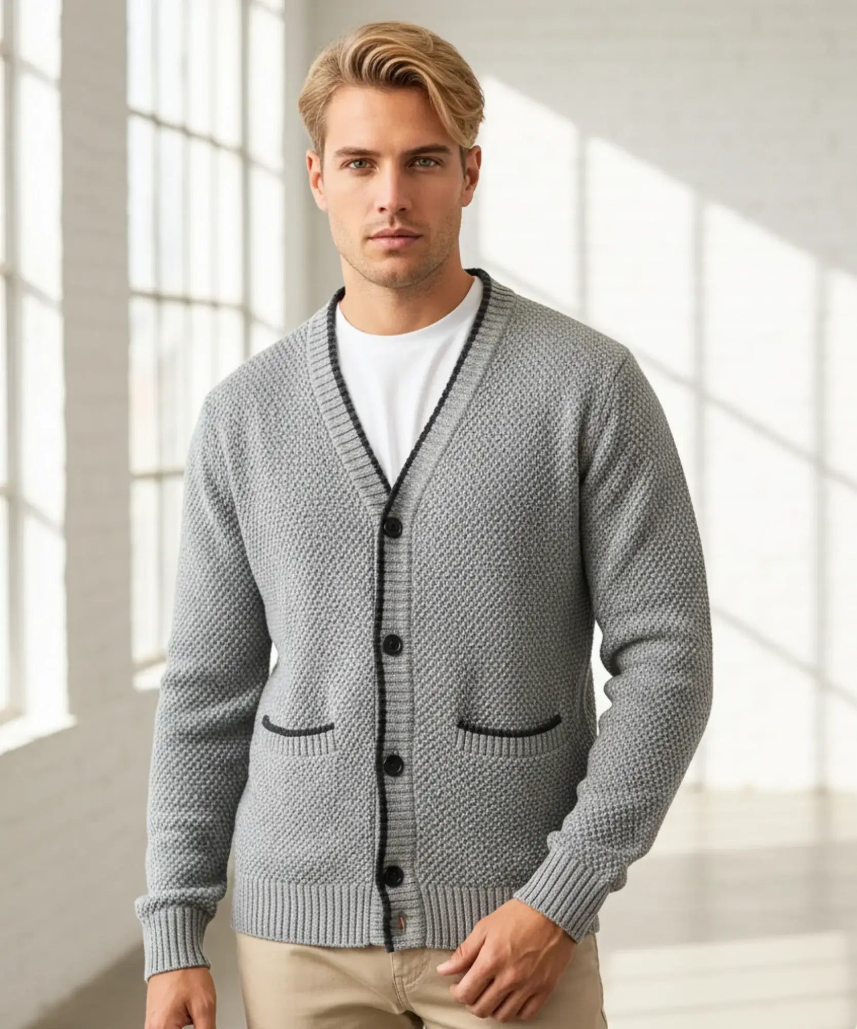 Comprar suéter masculino tricot botões forro xadrez confortável elegante inverno casual barato ou em promoção