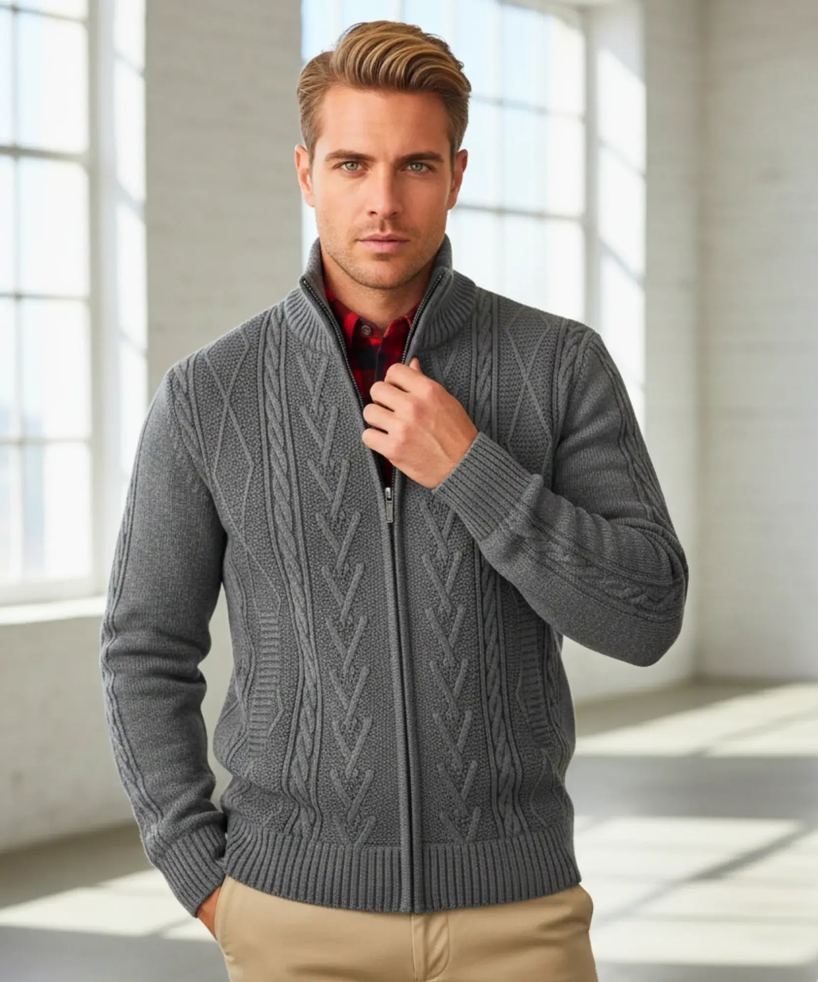 Comprar suéter masculino tricot botões forro xadrez confortável elegante inverno casual barato ou em promoção