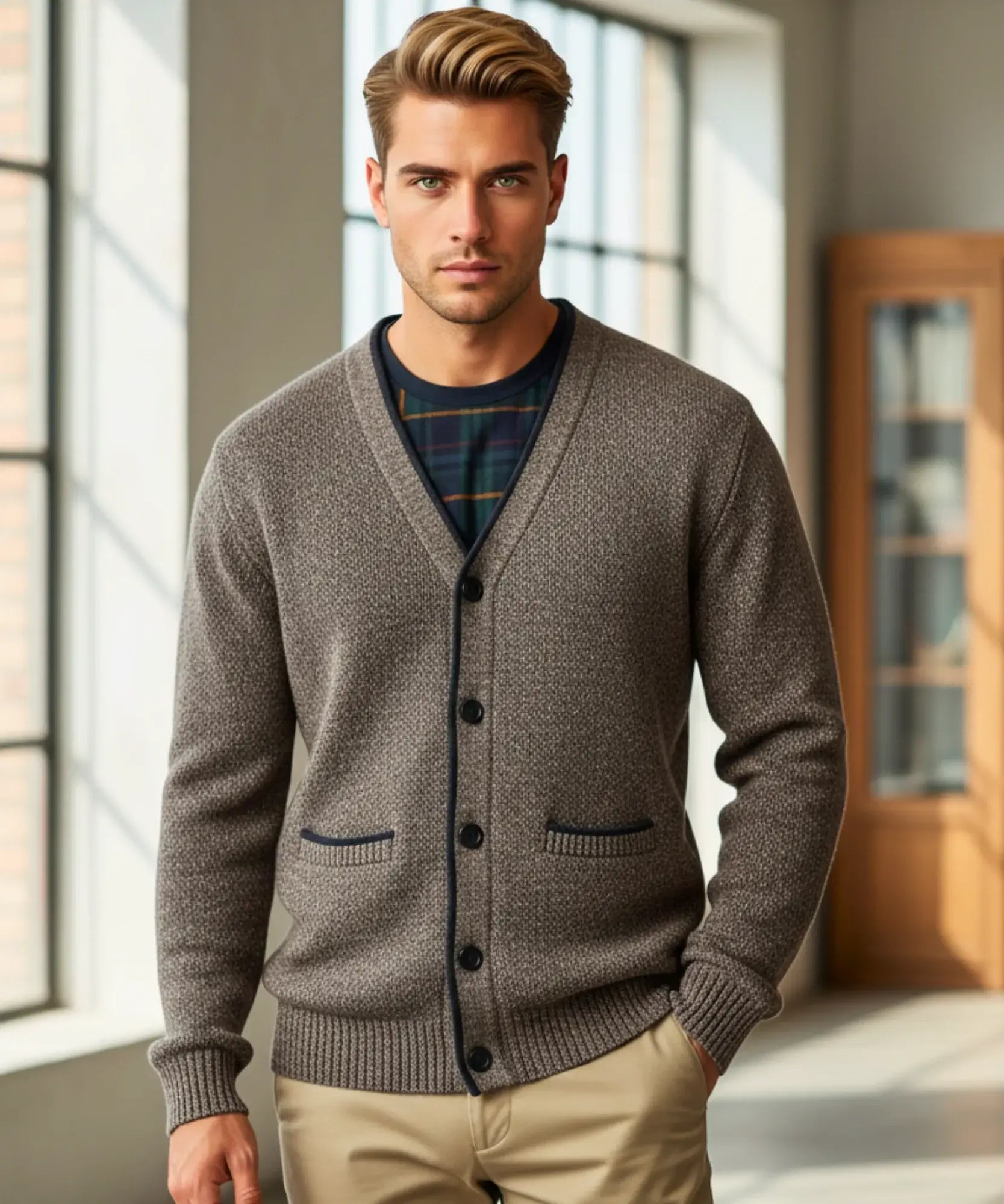 Comprar suéter masculino tricot botões forro xadrez confortável elegante inverno casual barato ou em promoção