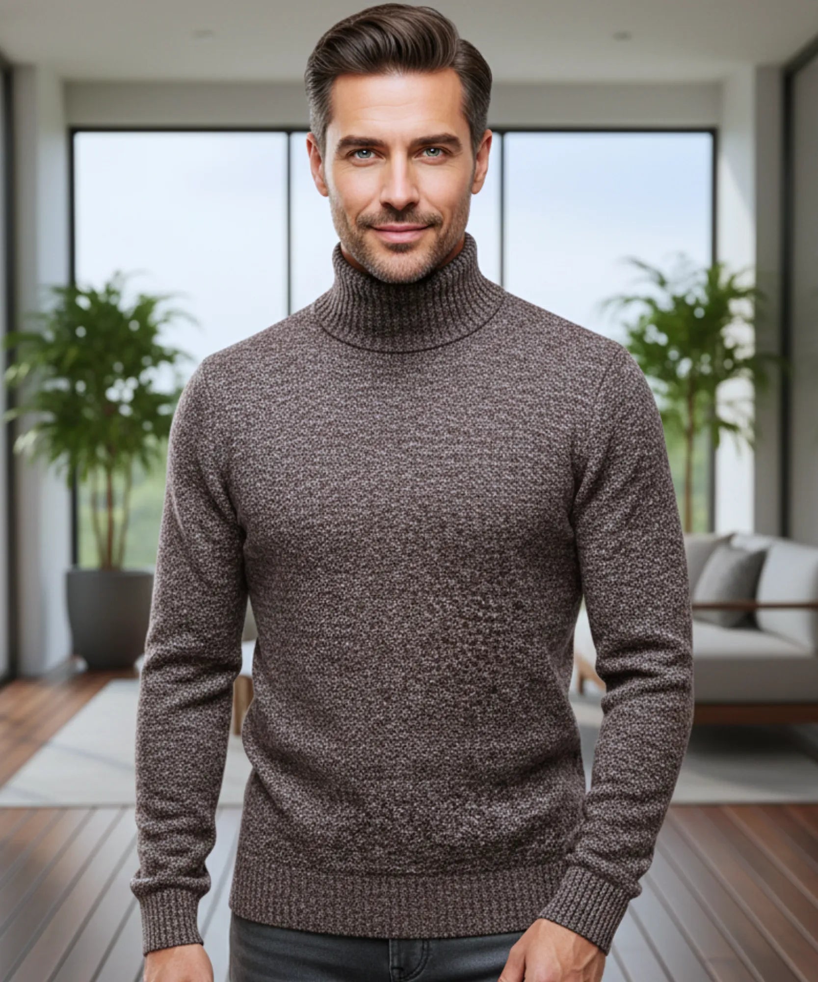 Comprar suéter masculino em tricot com gola alta para o inverno, caimento ajustado e toque encorpado com estilo sofisticado