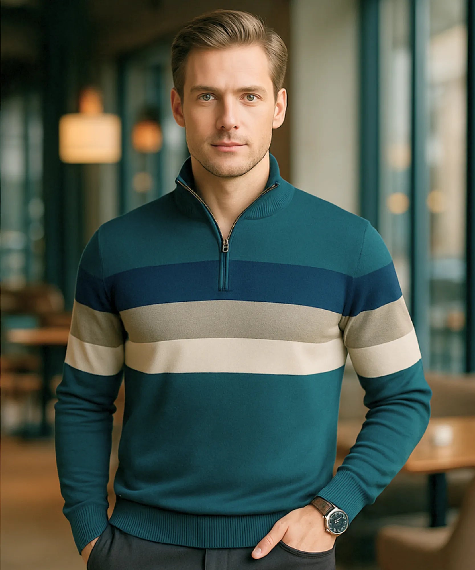 Comprar suéter masculino tricot zíper listrado inverno elegante moderno premium em promoção ZARA
