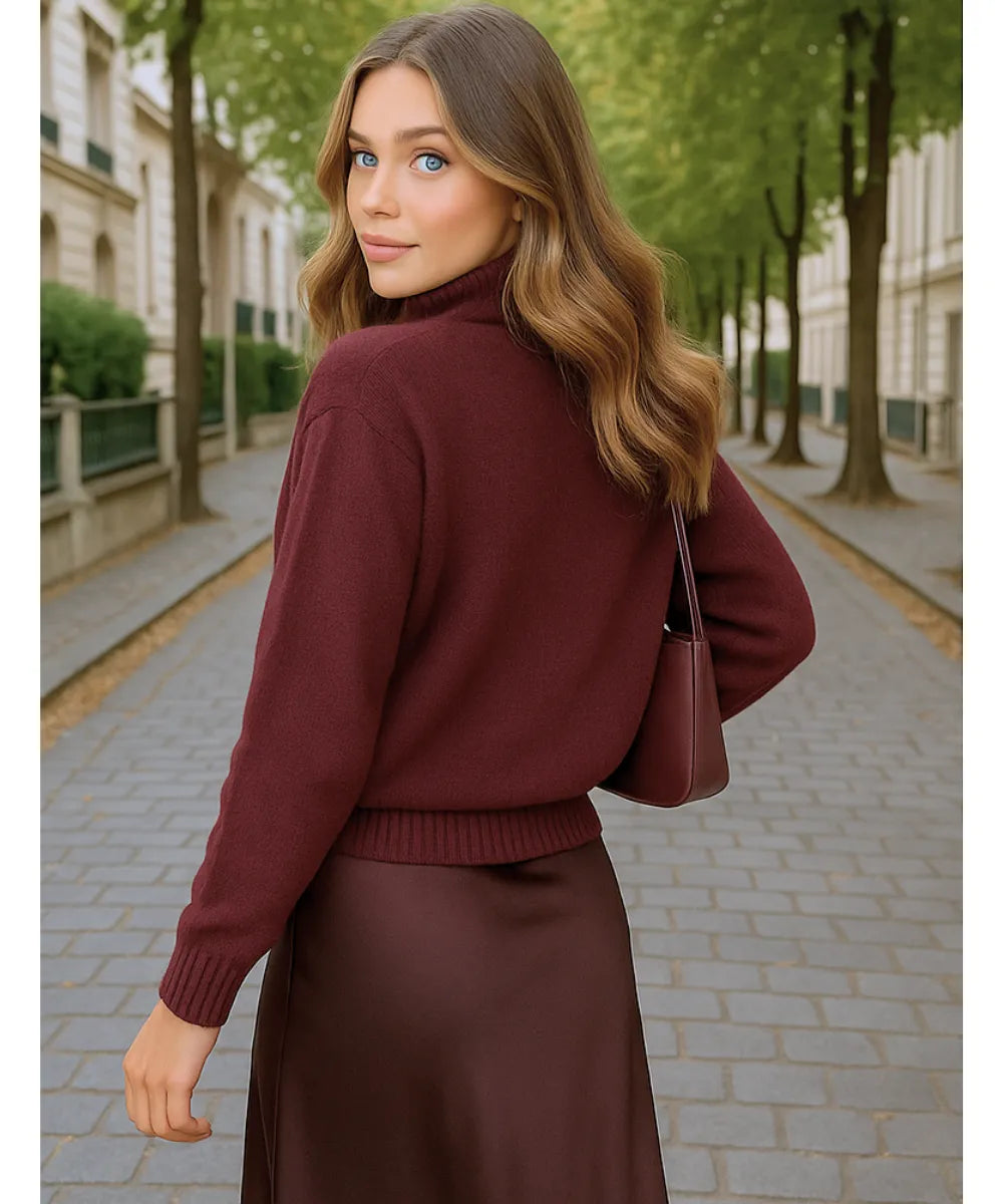 Comprar suéter tricot feminino grosso vinho bordo elegante com gola alta felpuda para looks sofisticados de inverno em promoção ZARA
