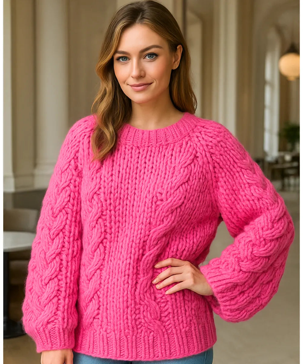 Comprar suéter tricot feminino grosso rosa artesanal com manga ampla e trama estilosa para looks de inverno elegantes em promoção ZARA

