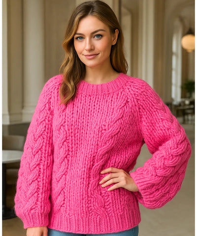 Comprar suéter tricot feminino grosso rosa artesanal com manga ampla e trama estilosa para looks de inverno elegantes em promoção ZARA

