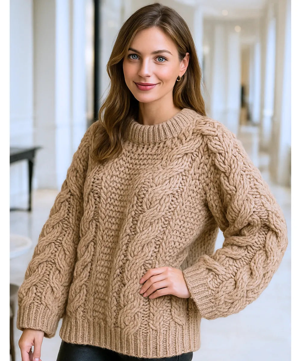 Comprar suéter tricot feminino grosso marrom artesanal com manga ampla e trama estilosa para looks de inverno elegantes em promoção ZARA

