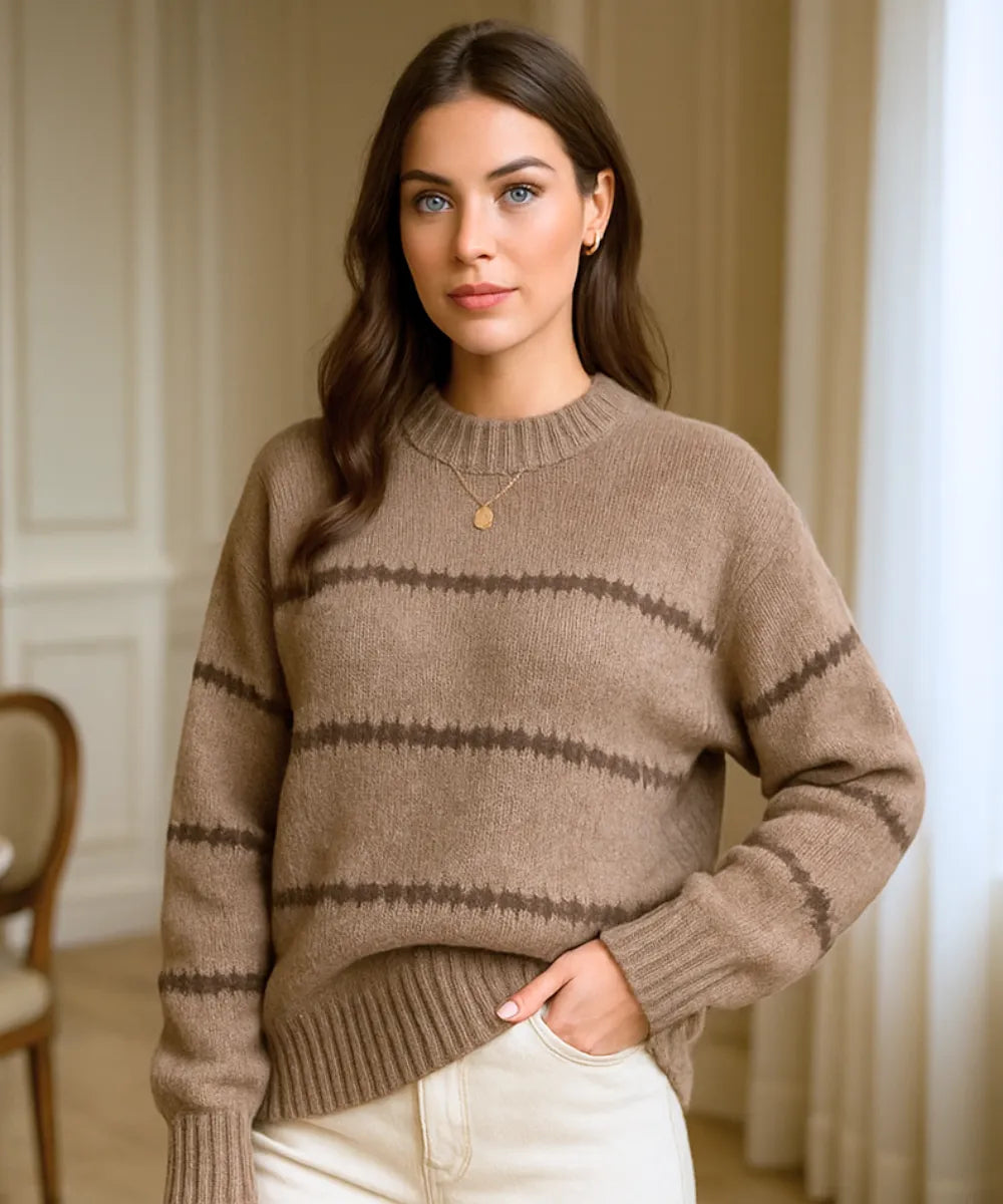 Comprar suéter tricot feminino marrom listrado grosso com caimento elegante para dias frios e produções urbanas sofisticadas de inverno em promoção ZARA
