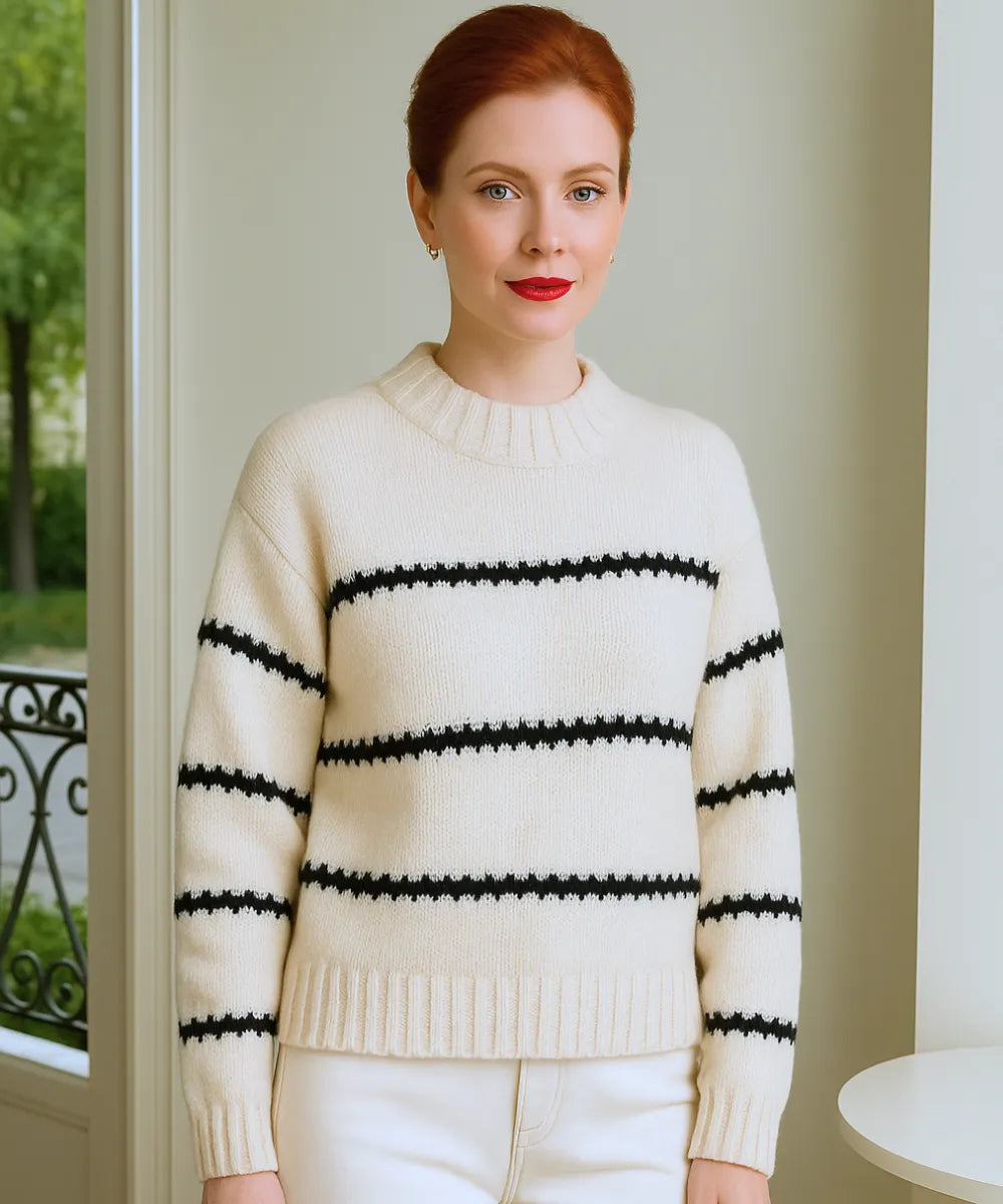 Comprar suéter tricot feminino branco listrado grosso com caimento elegante para dias frios e produções urbanas sofisticadas de inverno em promoção ZARA
