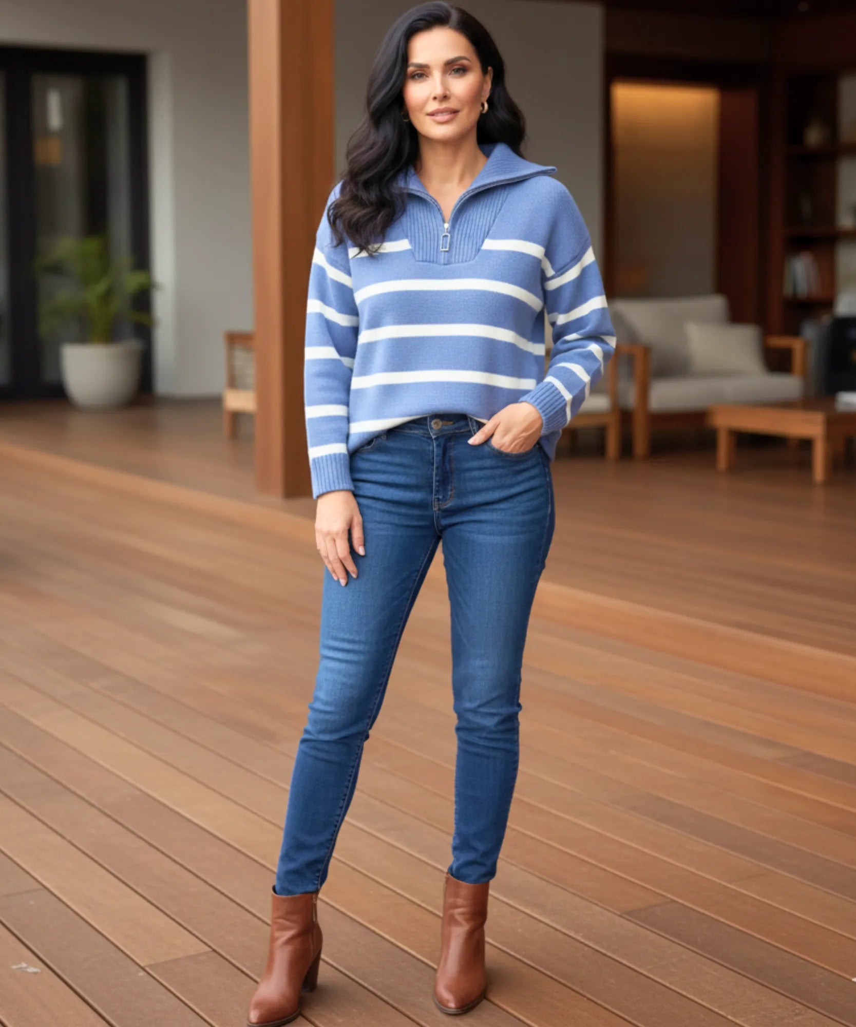 Comprar Suéter tricot feminino com zíper gola alta estilo marinho elegante ZARA