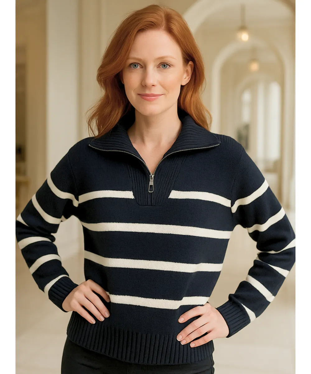 Comprar Suéter tricot feminino preto com zíper gola alta estilo marinho elegante em promoção ZARA
