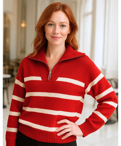 Comprar Suéter tricot feminino vermelho com zíper gola alta estilo marinho elegante em promoção ZARA
