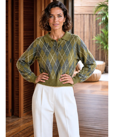 Comprar suéter feminino tricot gola polo estampa losango manga longa fio efeito mohair inverno barata em promoção ANELLIMN