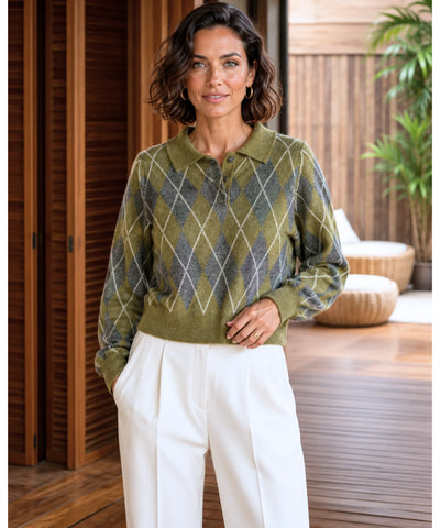 Comprar suéter feminino tricot gola polo estampa losango manga longa fio efeito mohair inverno barata em promoção ANELLIMN