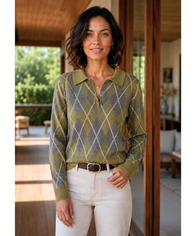 Comprar suéter feminino tricot gola polo estampa losango manga longa fio efeito mohair inverno barata em promoção ANELLIMN