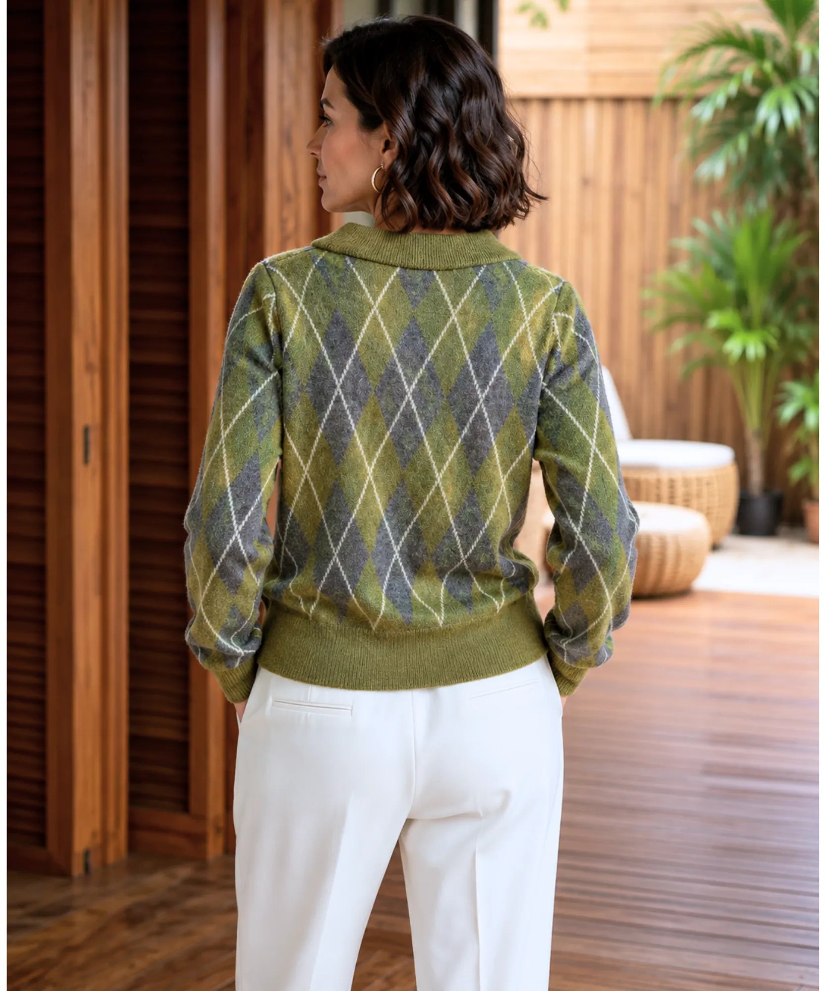 Comprar suéter feminino tricot gola polo estampa losango manga longa fio efeito mohair inverno barata em promoção ANELLIMN