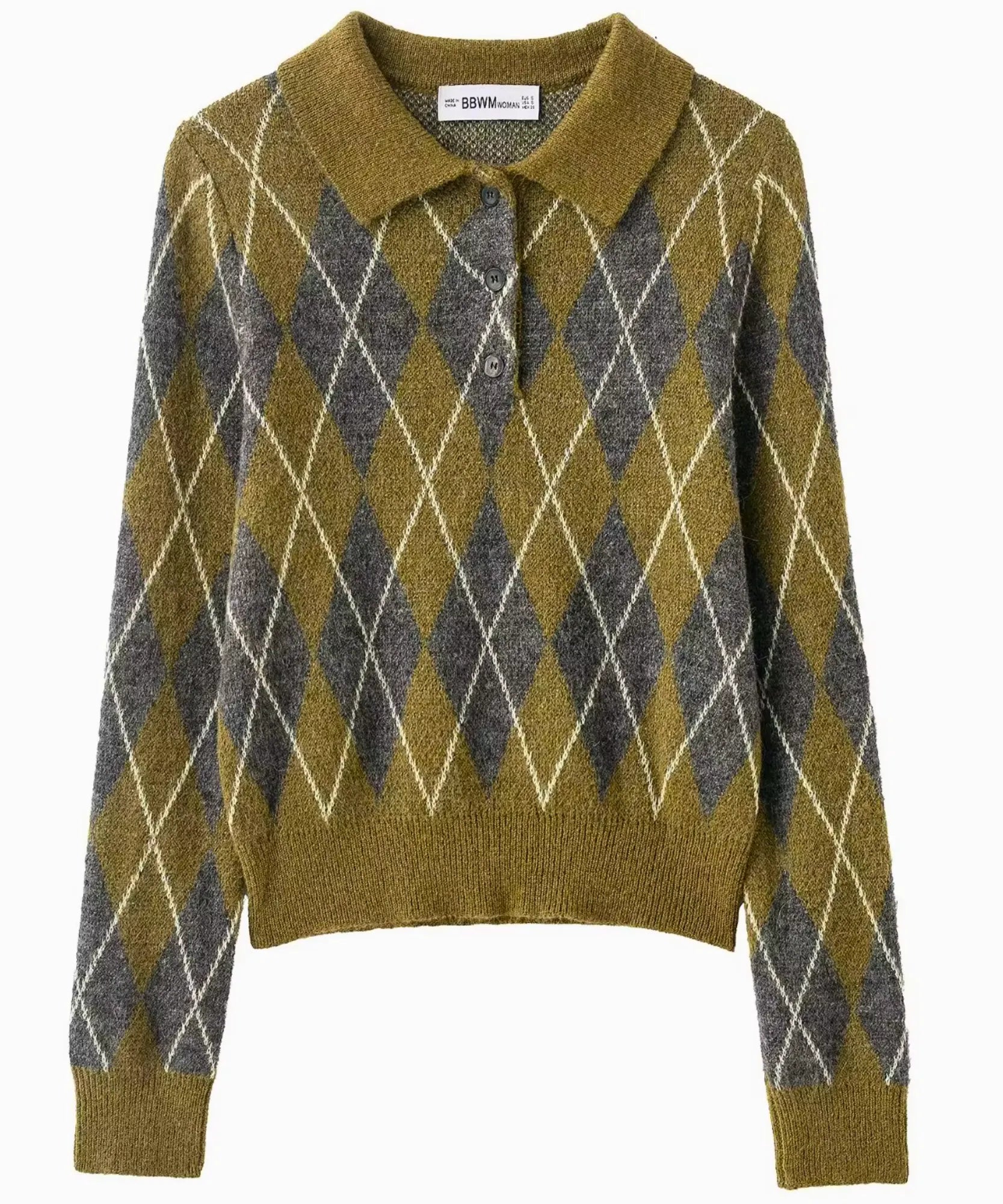 Comprar suéter feminino tricot gola polo estampa losango manga longa fio efeito mohair inverno barata em promoção ANELLIMN