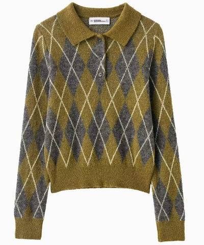 Comprar suéter feminino tricot gola polo estampa losango manga longa fio efeito mohair inverno barata em promoção ANELLIMN