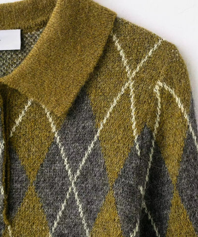 Comprar suéter feminino tricot gola polo estampa losango manga longa fio efeito mohair inverno barata em promoção ANELLIMN