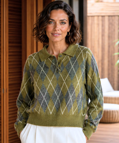 Comprar suéter feminino tricot gola polo estampa losango manga longa fio efeito mohair inverno barata em promoção ANELLIMN
